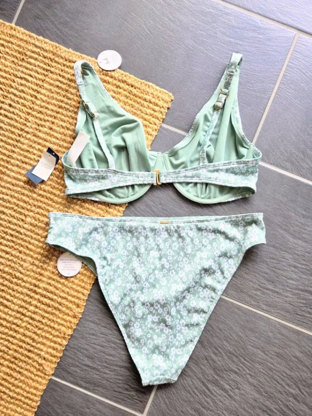 Hollister Green Rib White Floral Curvy Cheeky Fit Bikini Set XXL - New with Tags